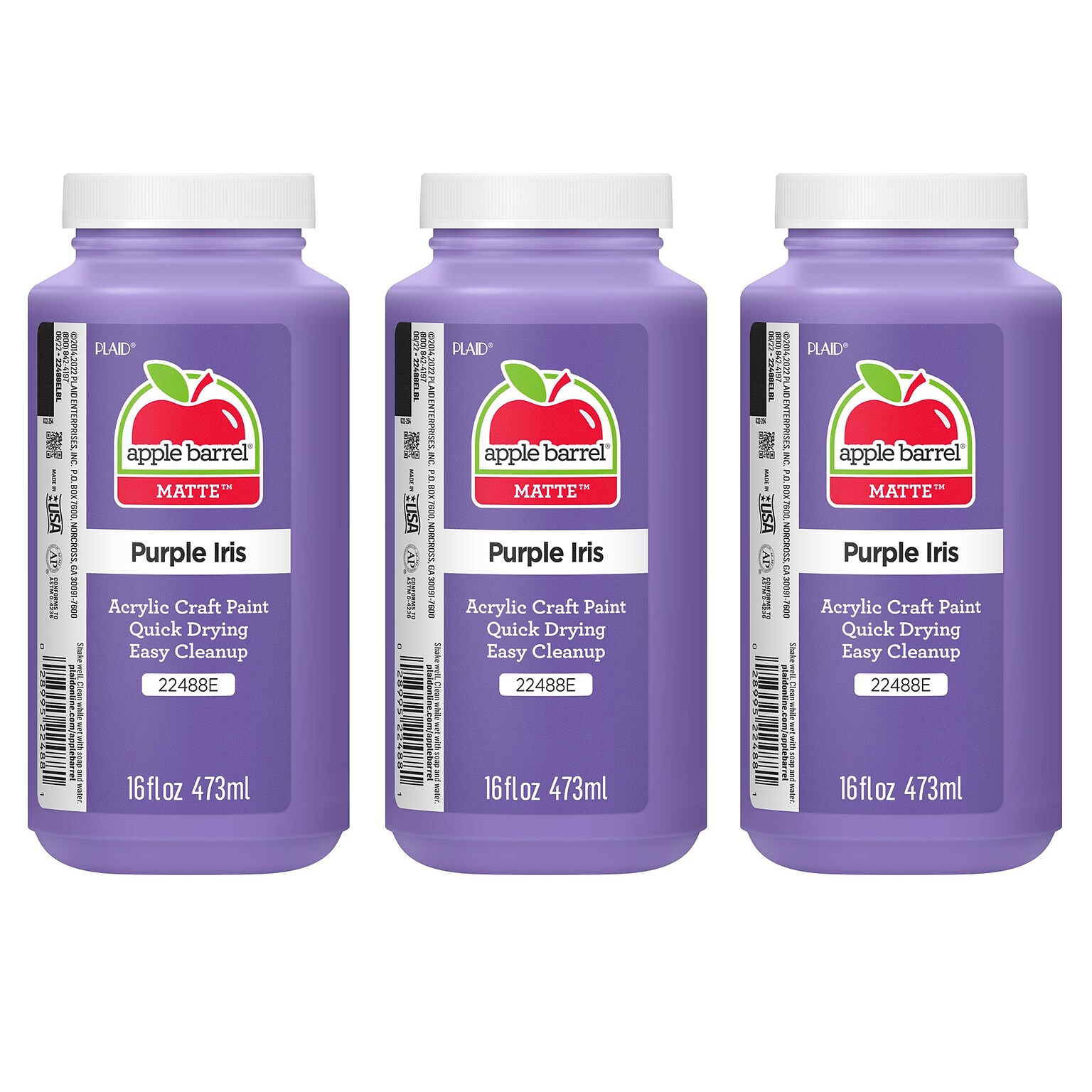 Apple Barrel Acrylic Paint Matte, 16oz., Purple Iris, 3/Pack(APP22488E-3)
