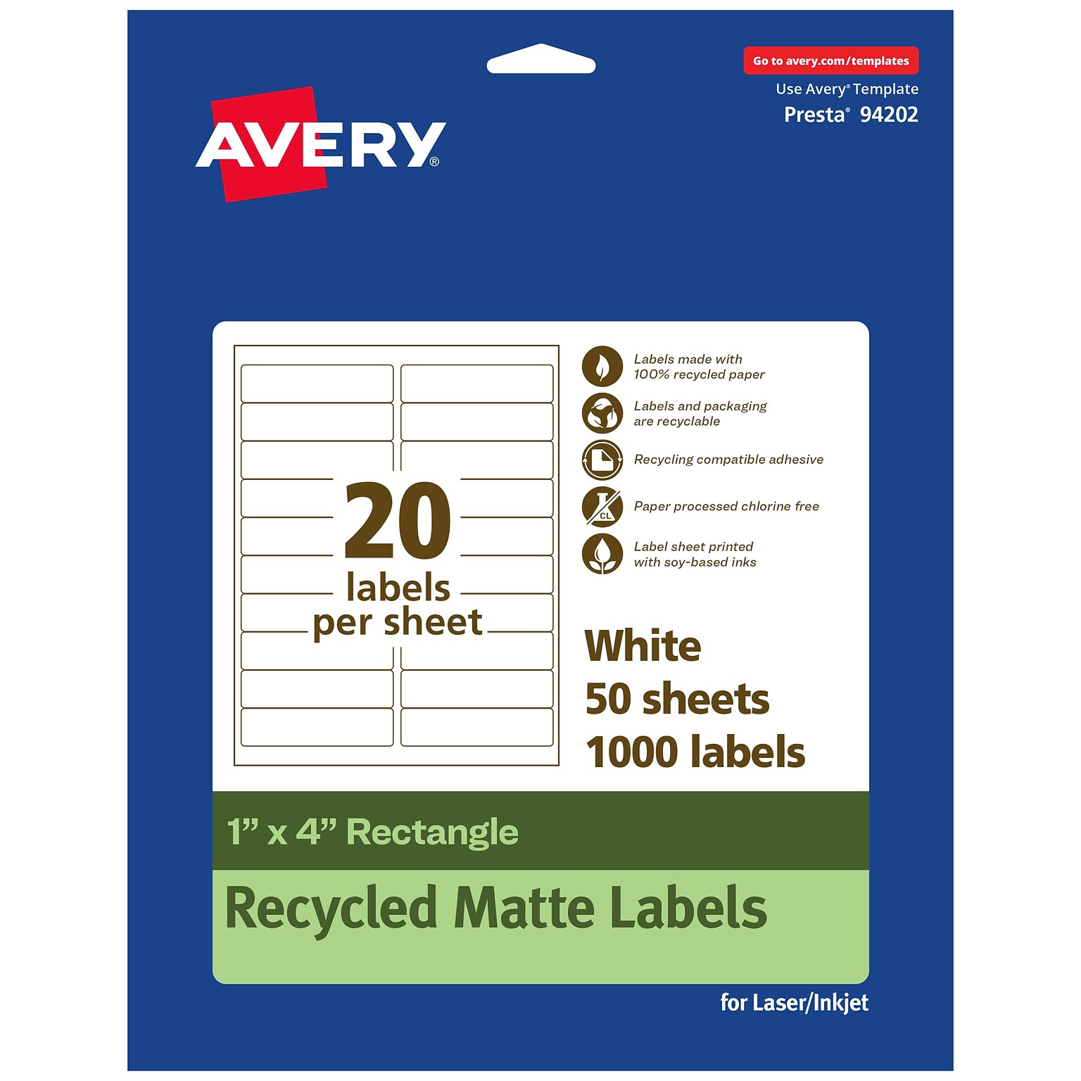 Avery EcoFriendly Laser/Inkjet Rectangle Multipurpose Labels, 1 x 4, White, 1000/Box (94202)