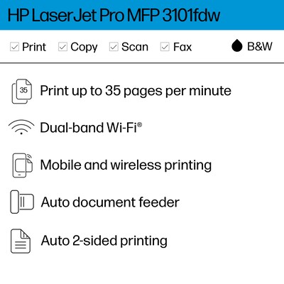 HP LaserJet Pro MFP LJP 3101fdw Wireless Black & White Laser Printer, All-In-One, Print, Scan, Copy, Fax (3G628F)