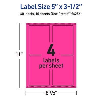 Avery Laser/Inkjet Rectangle Multipurpose Labels, 5" x 3.5", Neon Magenta, 40/Pack (94256)