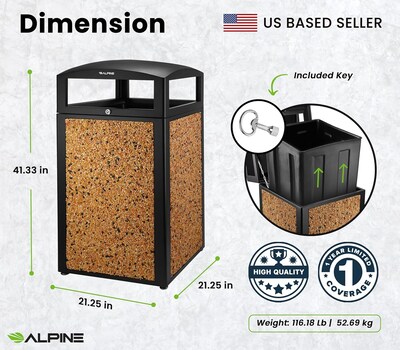 Alpine Industries Steel Outdoor Trash Can with Dome Lid, 40 Gallon, Stone (471-40-STO)