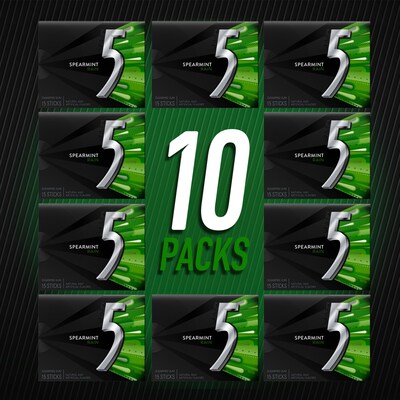 5 Gum Sugar Free Spearmint Rain Gum, 15 Pieces/Pack, 10 Packs/Box (WMW51404)