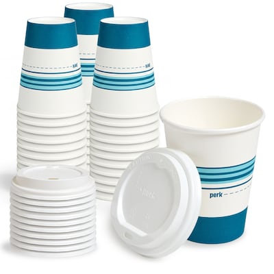 Perk™ Paper Cup & Lid Combo, 12 Oz., White/Blue, 50/Pack (PK54365)