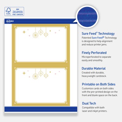 Avery Gold-Metallic Ornaments General Use Blank Cards, White, 20/Pack (S00-FH5)
