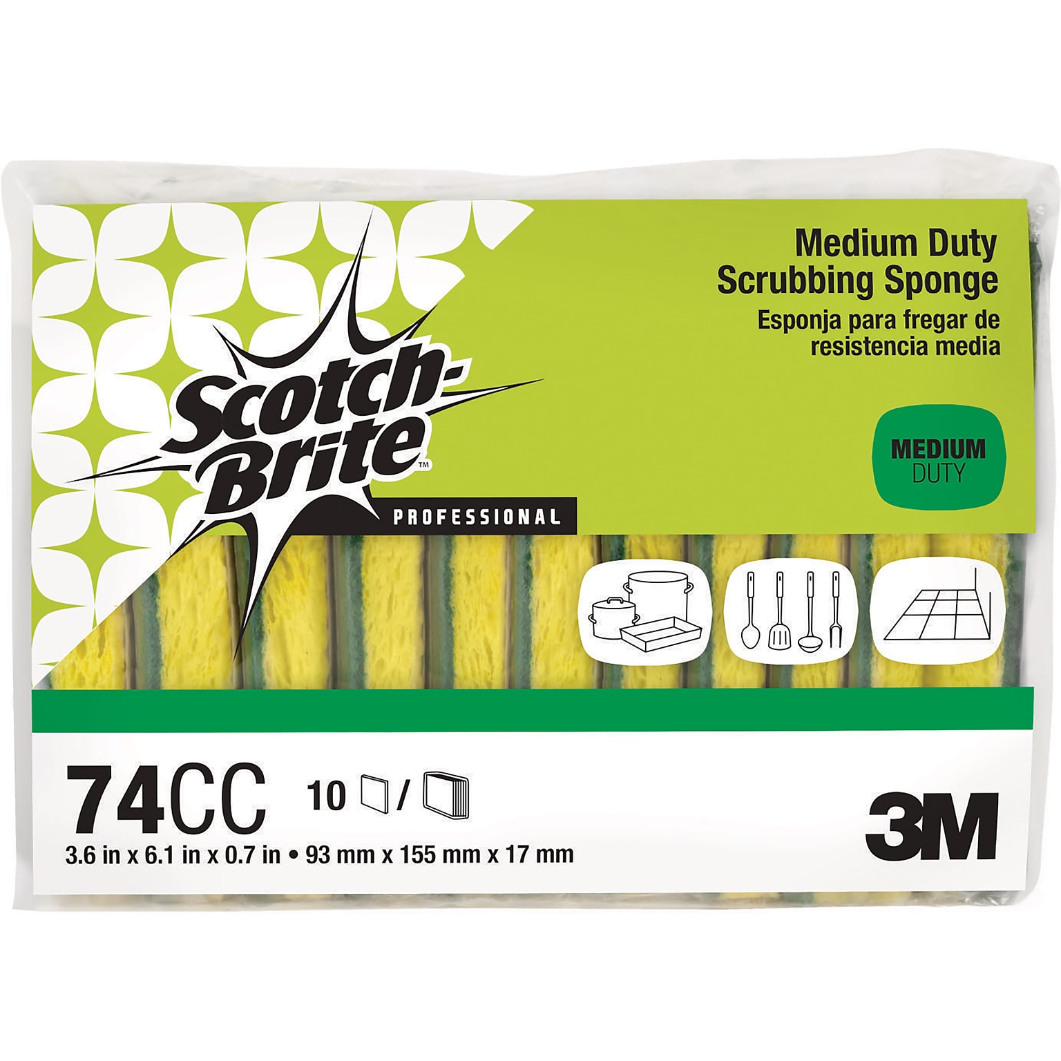 Scotch-Brite Medium Duty Scrub Sponge, Green/Yellow, 10/Pack (74CC)