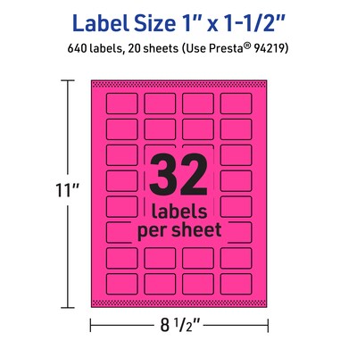 Avery Laser/Inkjet Rectangle Multipurpose Labels, 1" x 1.5", Neon Magenta, 640/Pack (94219)