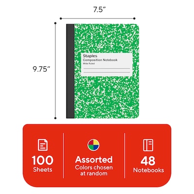 STAPLES Composition Notebook, 9.75” x 7.5”, Wide Ruled, Assorted Colors, 48/Pack