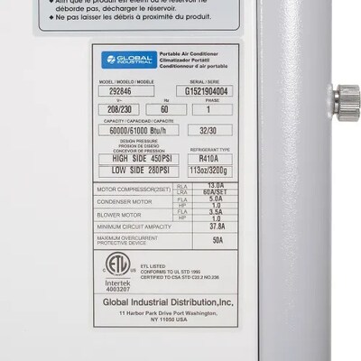 Global Industrial Portable Air Conditioner w/ Cold Air Nozzles, 5 Ton, 60,000 BTU, 230V (292846)