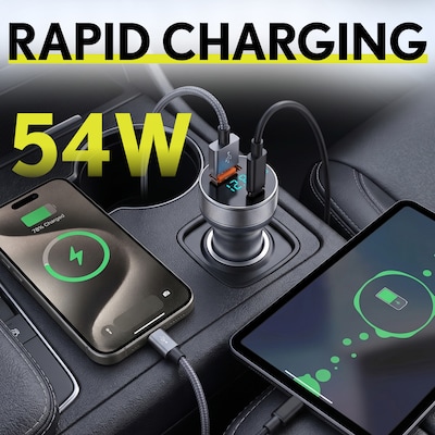 Overtime A40 54W Dual-Port USB-C and USB-A Car Charger with LED Voltage Display, Black (OCA40BK)