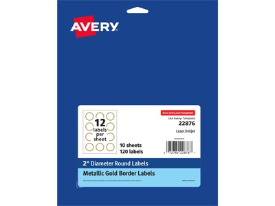 Avery Easy Peel Laser/Inkjet Round Labels, 2 Dia, White with Metallic Gold Borders, 120 Labels/Pack