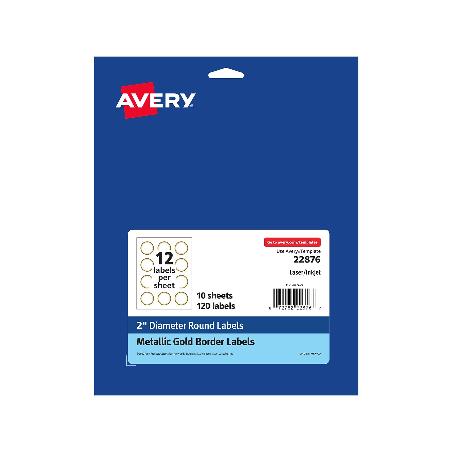 Avery Easy Peel Laser/Inkjet Round Label, 2Dia., Matte White/Gold, 12 Labels/Sheet, 10 Sheets/Pack (22876)