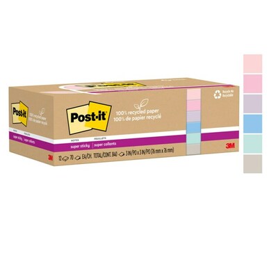 Post-it Recycled Super Sticky Notes, 3" x 3", Wanderlust Pastels Collection, 70 Sheets/Pad, 12 Pads/Pack (654R-12SSNRP)