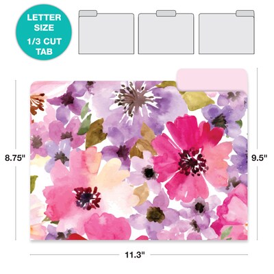 Global Printed Products Heavy Duty Interior File Folders, 1/3-Cut Tab, Letter Size, Paper Stock, Floral, 24/Pack (GPP-0101-A)