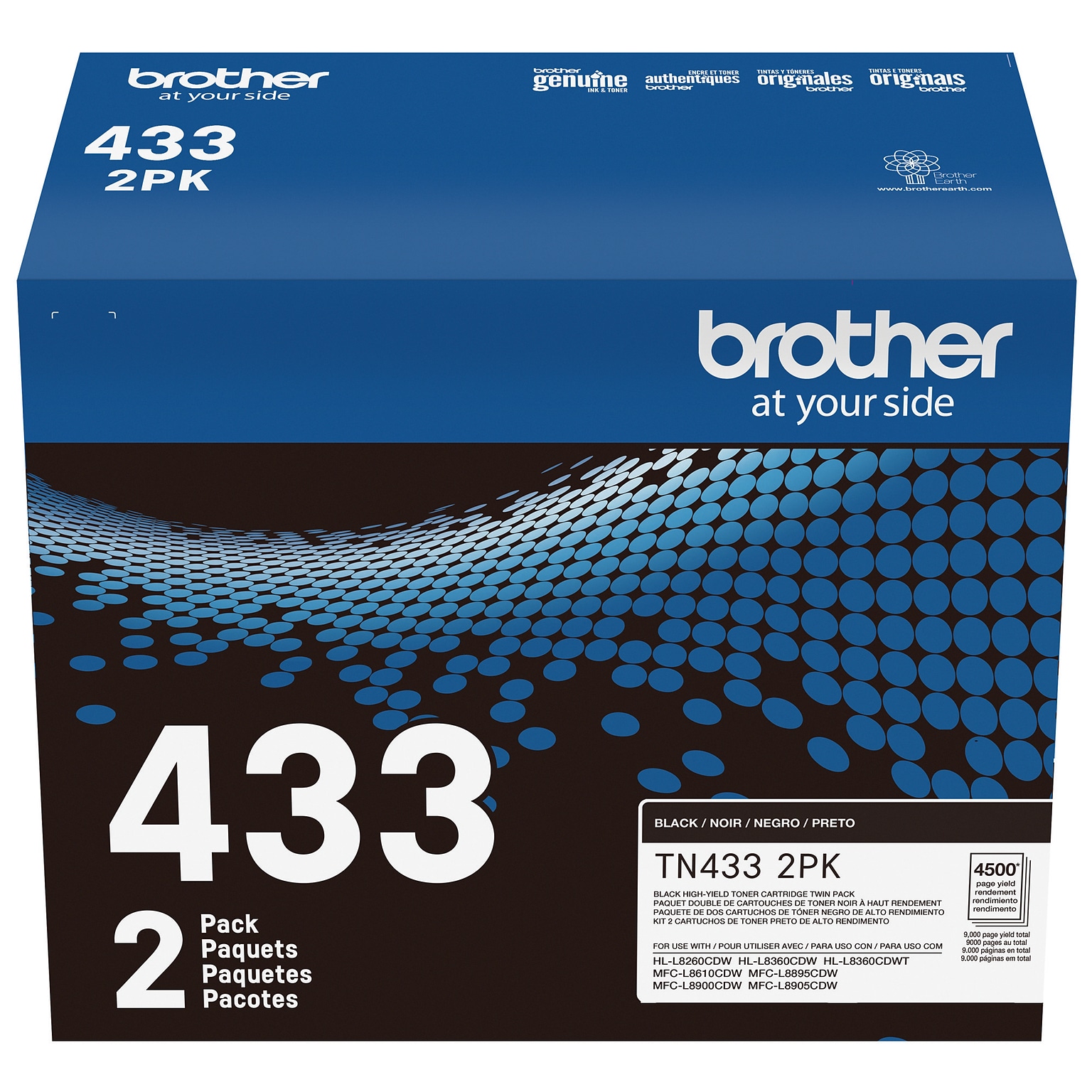 Brother TN-433 Black High Yield Toner Cartridge, Up to 4,500 Pages, 2/Pack (TN4332PK)