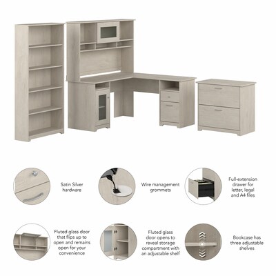 Bush Furniture Cabot 60"W L Shaped Computer Desk with Hutch, File Cabinet and Bookcase, Linen White Oak (CAB010LW)