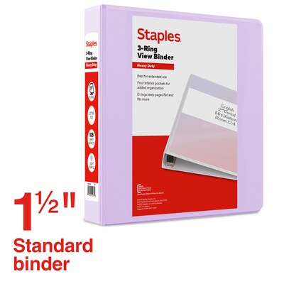 Staples Heavy Duty 1 1/2" 3-Ring View Binder, D-Ring, Light Purple (ST63090)