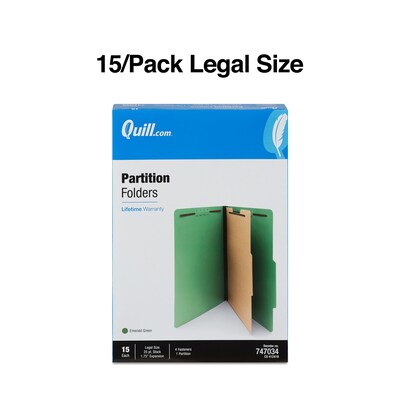 Quill Brand® 2/5-Cut Tab Pressboard Classification File Folders, 1-Partition, 4-Fasteners, Legal, Green, 15/Box (747034)