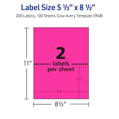 Avery Laser Shipping Labels, 5 1/2" x 8 1/2", Neon Pink, 200 Labels/Box (5948)