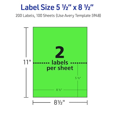 Avery Laser Shipping Labels, 5-1/2" x 8-1/2", Neon Green, 200 Labels/Box (5952)