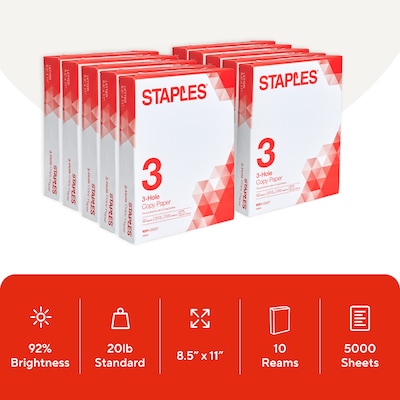 Staples 3-Hole Punch Copy Paper, 8.5 x 11, 20 lbs., 500 Sheets/Ream, 10 Reams/Carton (221192)