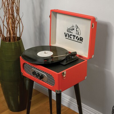 Victor Andover Dual-Bluetooth Belt-Drive 5-in-1 Suitcase-Style Record Player with Legs, Red (VWRP-3200-RD)