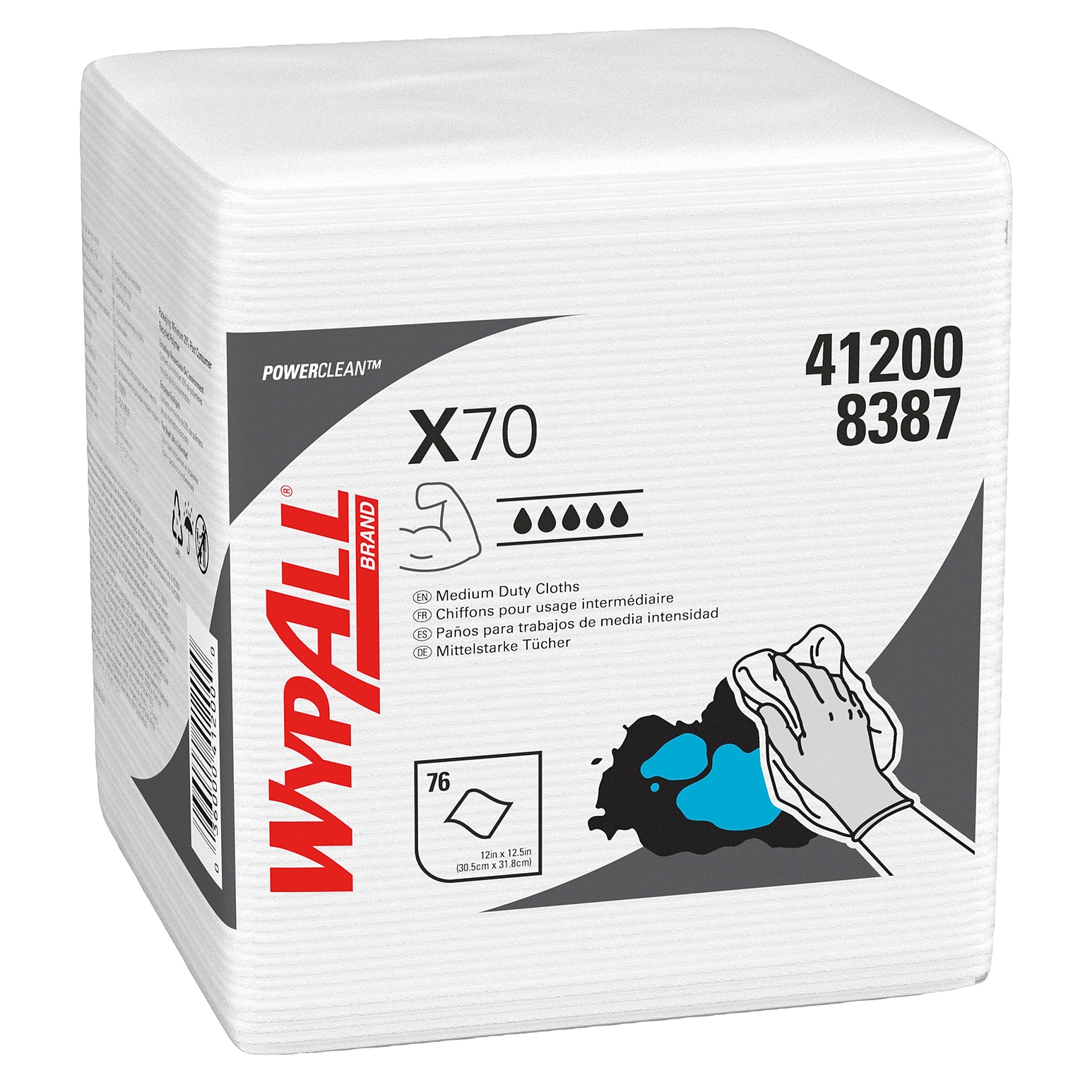WypAll PowerClean X70 Medium Duty Wipers, White, 76 Sheets/Pack, 12 Packs/Carton (41200)