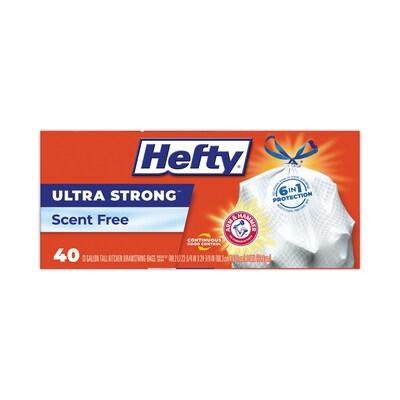 Hefty® Ultra Strong Tall Kitchen and Trash Bags, 13 gal, 0.9 mil, 23.75" x 24.88", White, 40 Bags/Box, 6 Boxes/Carton