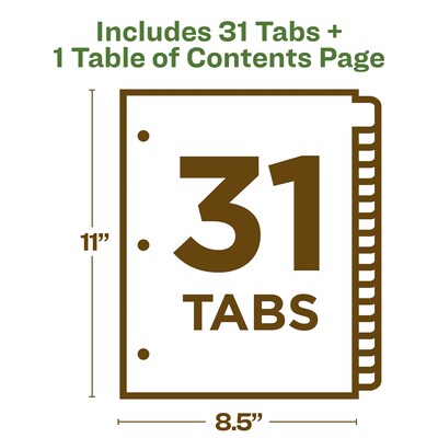 Avery Ready Index Table of Contents EcoFriendly Paper Dividers, 1-31 Tabs, Multicolor (11084)