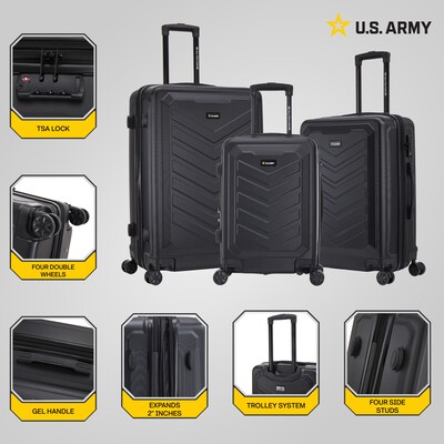 US Army FOX PRO 3-Piece Hardside Spinner Carry-On Luggage Set, TSA Checkpoint Friendly, Black (USLFP