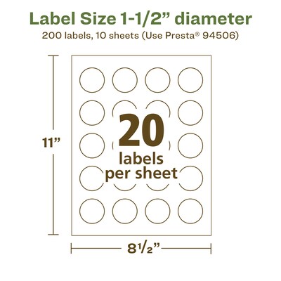 Avery EcoFriendly Laser/Inkjet Circle Multipurpose Labels, 1-1/2" Dia., White, 200/Pack (94506)