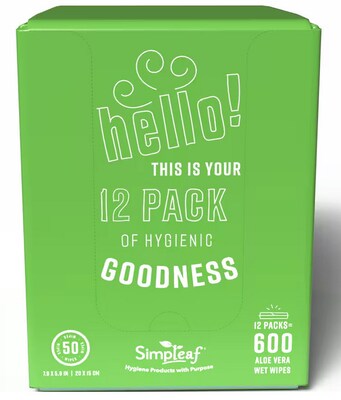 Simpleaf Aloe Vera Scented Flushable Wipes, 50 Single Wipes/Pack, 12 Packs/Box (S-009-12pack)