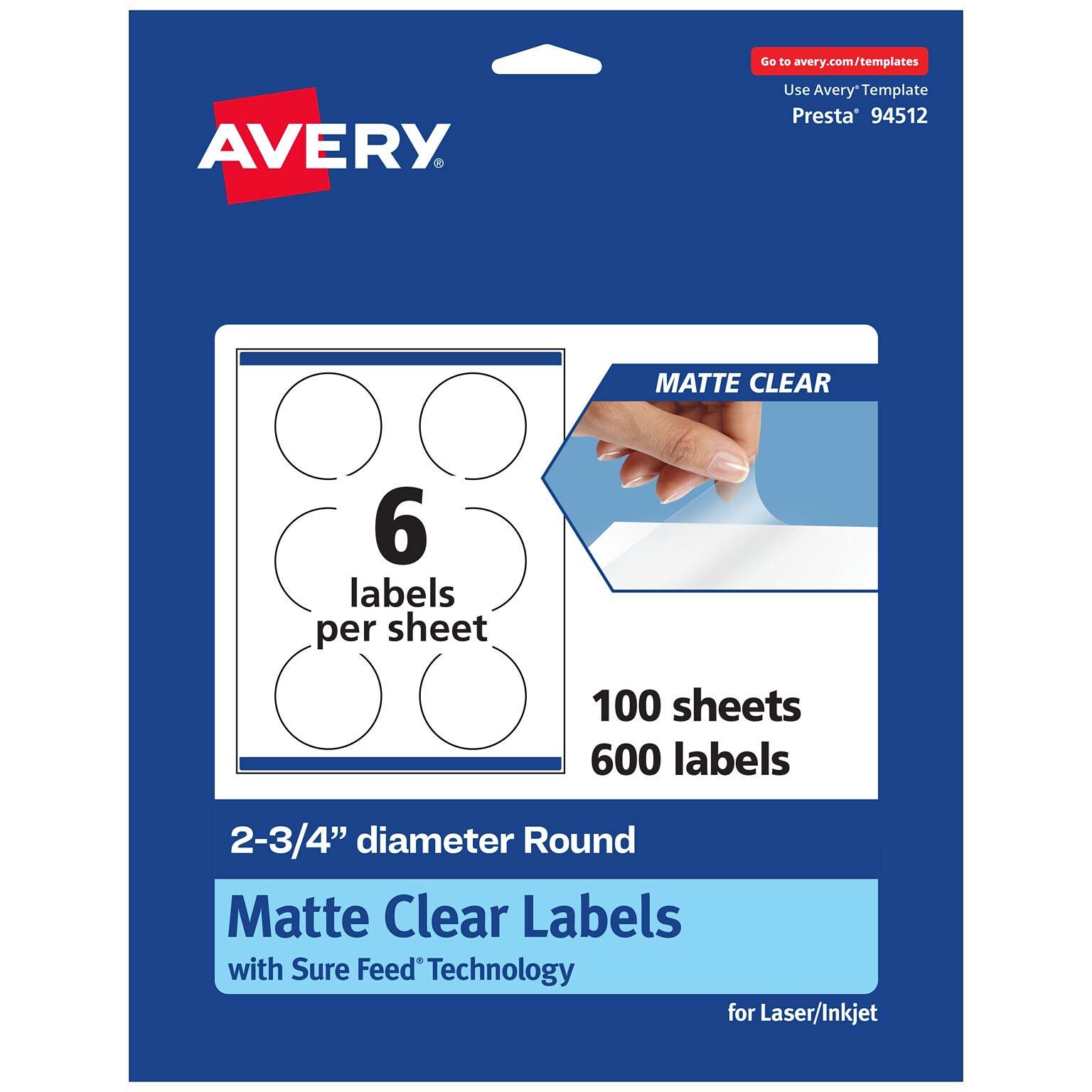 Avery Laser/Inkjet Circle Multipurpose Labels, 2-3/4 Dia., Clear, 600/Box (94512)