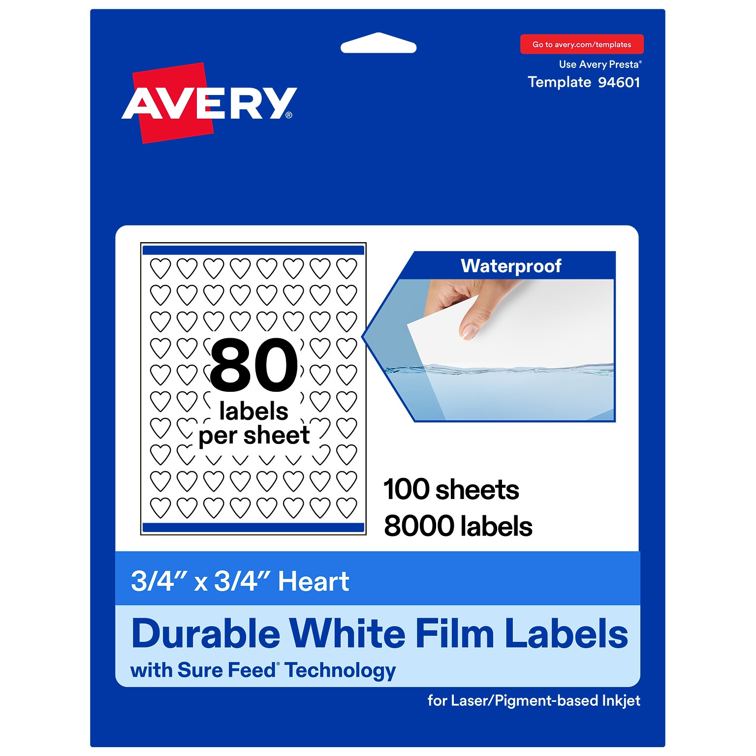 Avery Waterproof Heart Shaped Laser/Inkjet Multipurpose Labels, 0.75 x 0.75, White, 8000/Box (94601)
