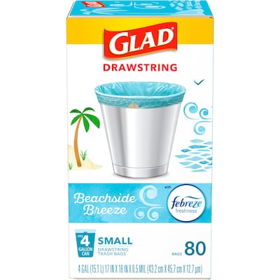 Glad 4 Gallon Drawstring Kitchen Trash Bags, Febreze Freshness Beachside Breeze Scent, Blue, 80/Box
