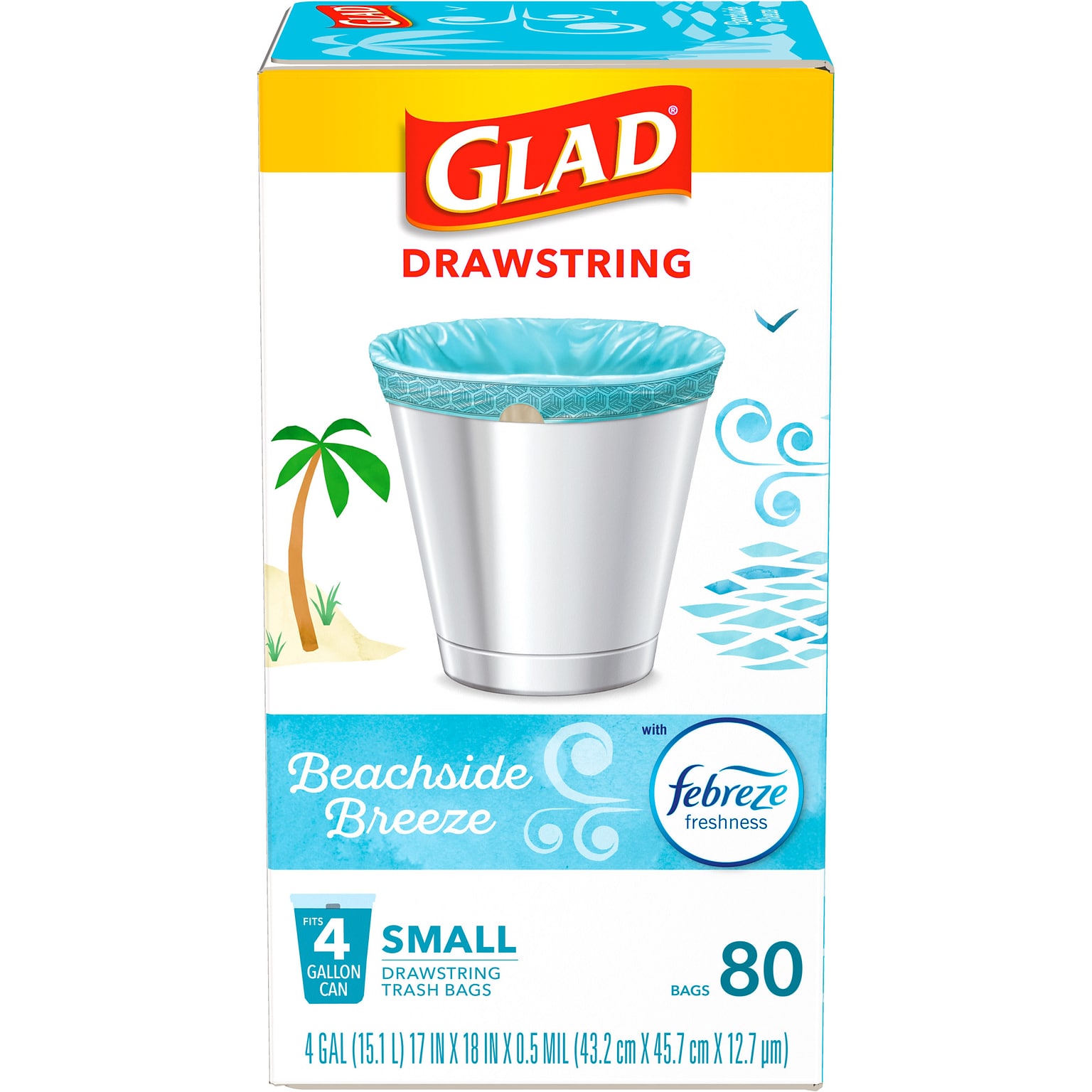 Glad 4 Gallon Drawstring Kitchen Trash Bags, Febreze Freshness Beachside Breeze Scent, Blue, 80/Box (79155)