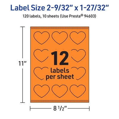 Avery Heart Shaped Multipurpose Labels, 2-9/32" x 1-27/32", Bright Orange, 120/Pack (94603)