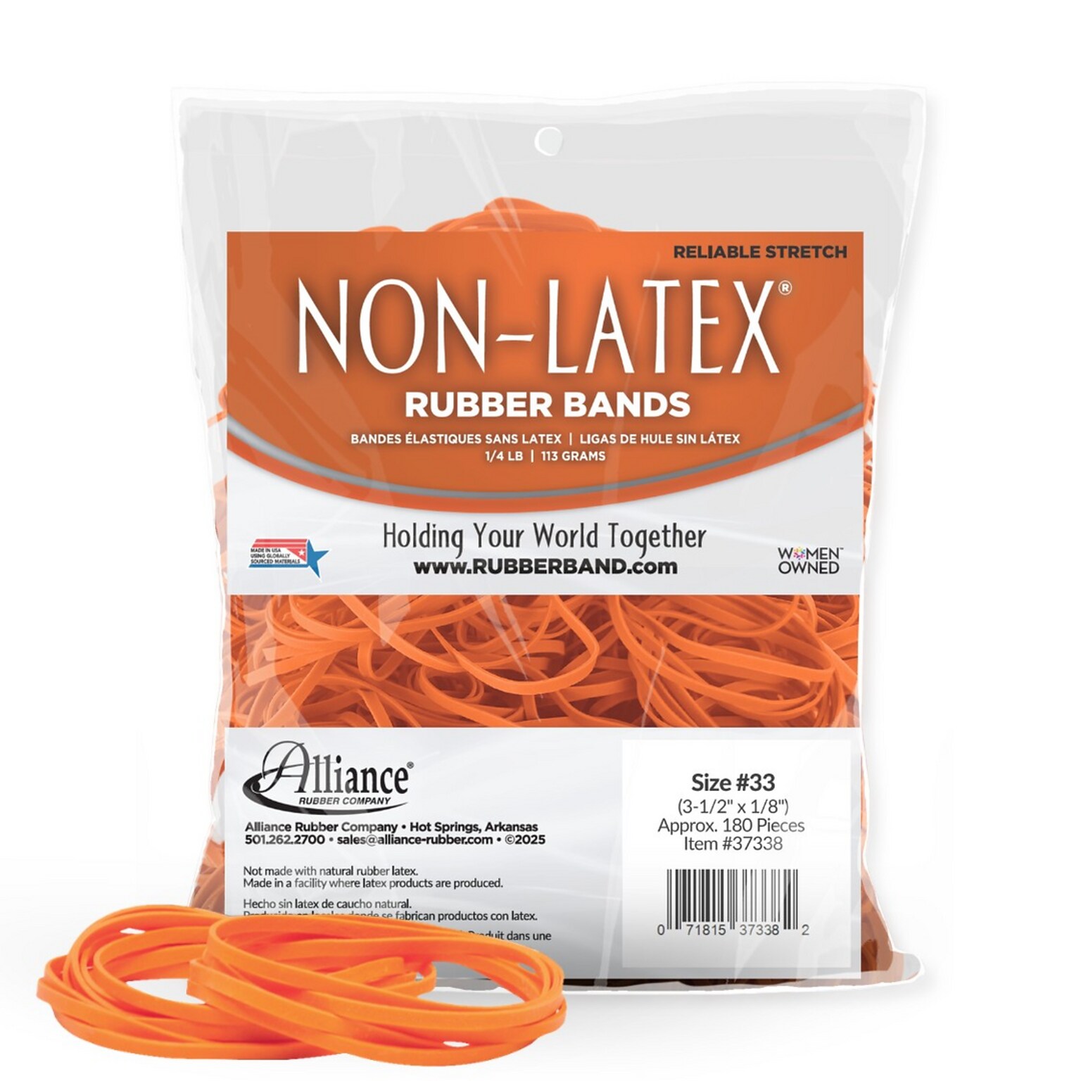 Alliance Non-Latex Multi-Purpose #33 Rubber Bands, 3-1/2 x 1/8, Orange, 180/Pack (37338)