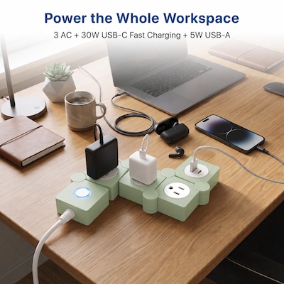 Uncaged Ergonomics Flexible 5' Extension Cord, 3-Outlet, USB-C/A Port, 14 AWG, Green, 2/Pack (2xFPS-Green)