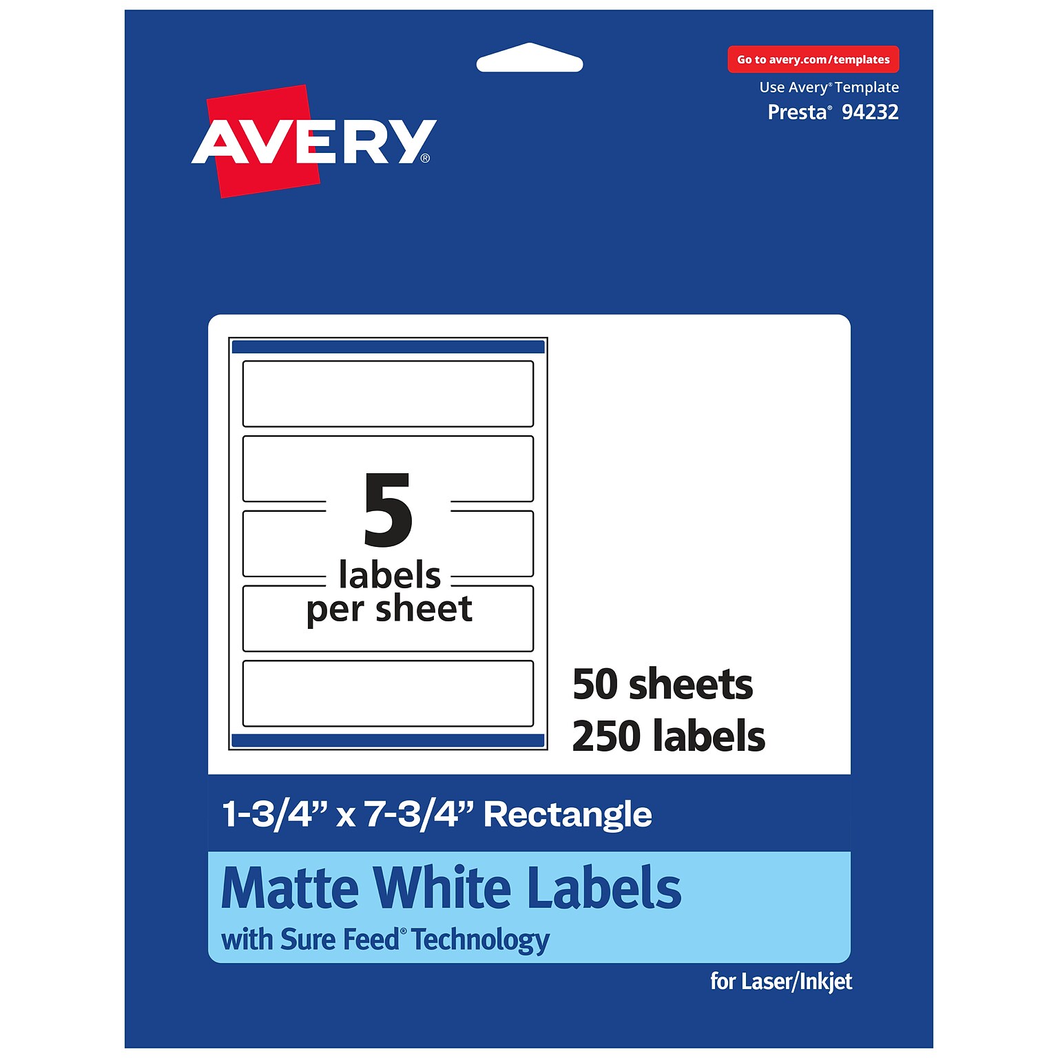 Avery Laser/Inkjet Multipurpose Rectangle Labels, 1.75 x 7.75, White, 250 Labels/Box (94232)