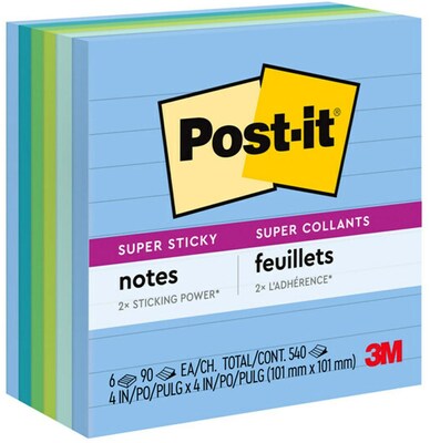 Post-it Recycled Super Sticky Notes, 4 x 4, Oasis Collection, Lined, 90 Sheets/Pad, 6 Pads/Pack (6