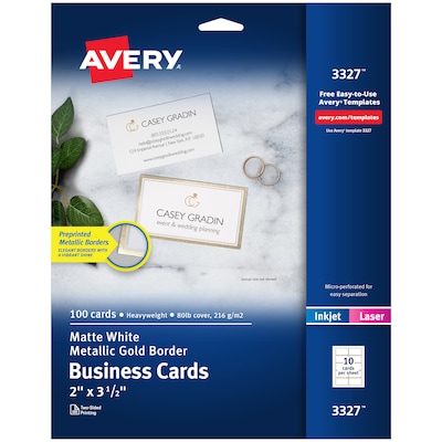 Avery Business Cards, 2 x 3 1/2, White/Gold, 10 Cards/Sheet, 10 Sheets/Pack, 100 Cards/Pack (3327)