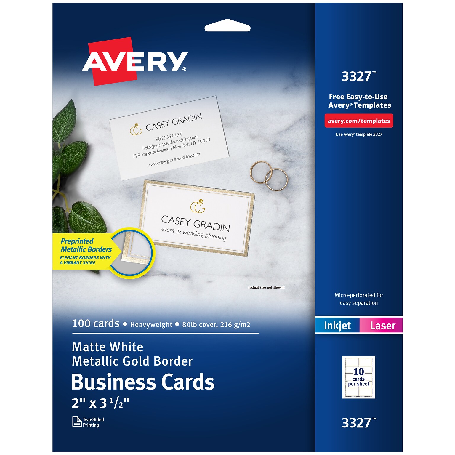 Avery Business Cards, 2 x 3 1/2, White/Gold, 10 Cards/Sheet, 10 Sheets/Pack, 100 Cards/Pack (3327)