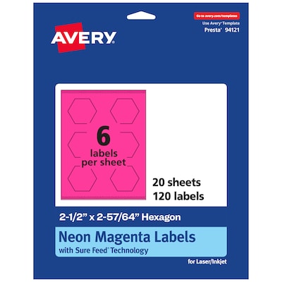 Avery Hexagon Laser/Inkjet Multipurpose Labels, 2-1/2 x 2-57/64, Neon Magenta (120/Pack)