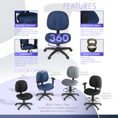 Regency Comfort Series Armless Ergonomic Fabric Swivel Task Chair, Navy Blue (105-NV)