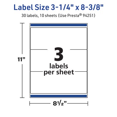 Avery TrueBlock Laser/Inkjet Rectangle Multipurpose Labels, 3-1/4" x 8-3/8", White, 30/Pack (94251)