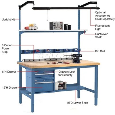 Global Industrial Height Adjustable Workbench, 72"W x 36"D, Maple Safety Edge, Blue (607262BL)