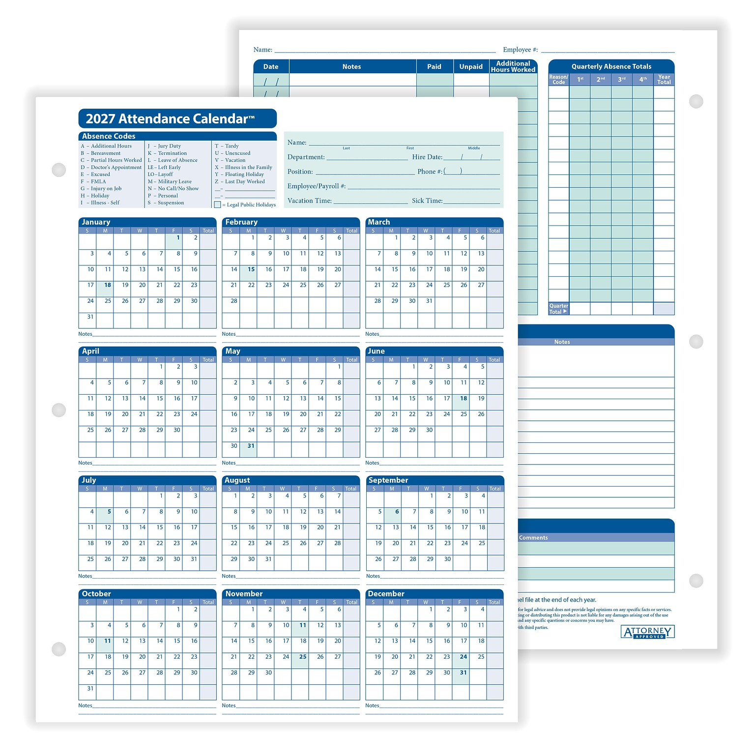 ComplyRight 2027 Attendance Calendar Card, 50 Forms/Pack (A4000W50)