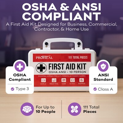 ProHeal OSHA Compliant First Aid Kit, ANSI Class A, Type III, Serves 10 People, 111 Pieces (PH-16621H)