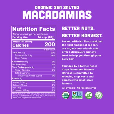 Mavuno Harvest Organic Dry Roasted Macadamias with Sea Salt, 4 oz., 6 Bags/Pack (MAHW-SRM46PK)