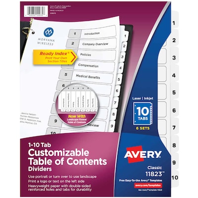 Avery Ready Index Table of Contents Paper Dividers, 1-10 Tabs, White, 6 Sets/Pack (11823)